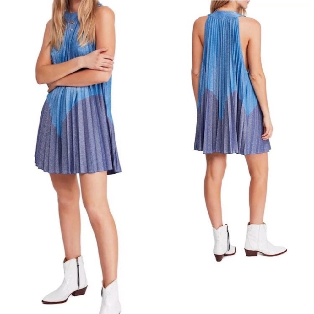 Free People NWT Pleated Love High Halter Neck Metallic Mini Swing Dress Sz M